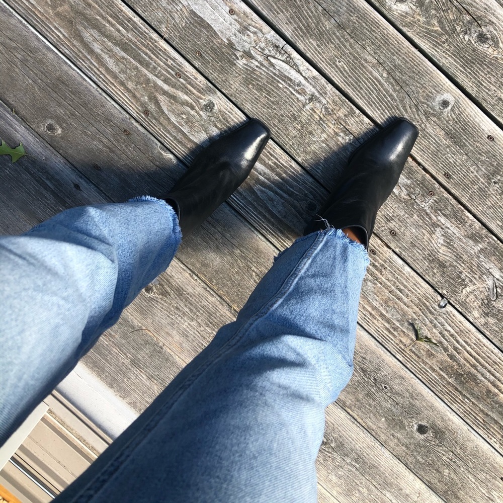 Square Toe black leather booties